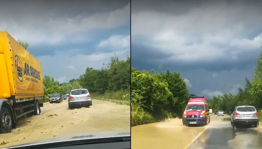 DN 71 sub apă, după o repriză de ploaie torențială