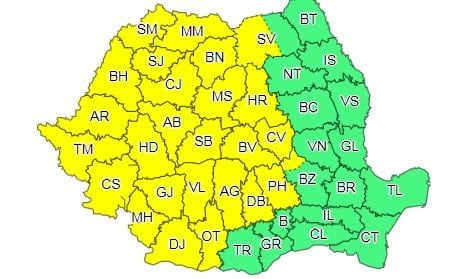 Cod galben de furtuni pentru 26 de județe și informare de vreme rea până sâmbătă