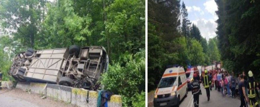 Autocar cu 60 de persoane răsturnat în județul Brașov. Mașina este înmatriculată în Dâmbovița
