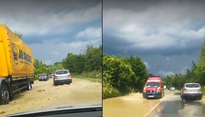 DN 71 sub apă, după o repriză de ploaie torențială