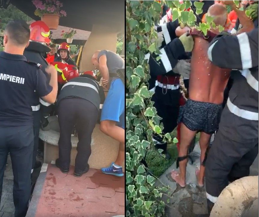 Video| La un pas de tragedie. Un bărbat și un copil salvați de pompieri, după ce au căzut într-o fântână