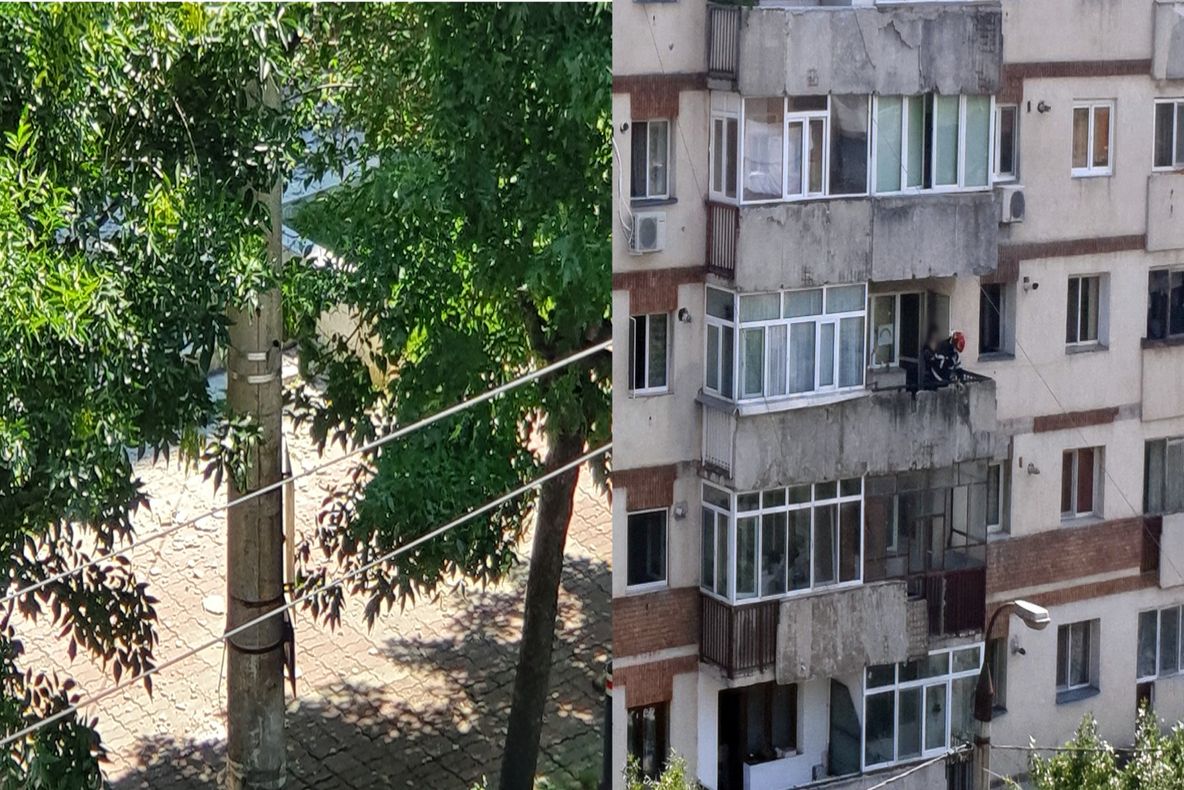 (Video) Pericol iminent! Pompierii chemați să îndepărteze elemente din fațada unui bloc, la Târgoviște