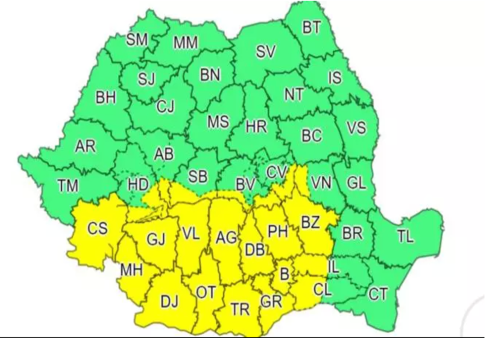 Cod galben de ninsori abundente - Harta ANM cu zonele vizate