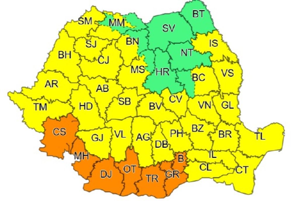Cod Galben și portocaliu de caniculă și precipitații însoțite de descărcări electrice, până la 31 iulie, în mai multe județe