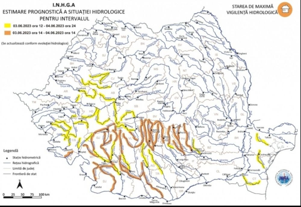 Cod portocaliu de viituri pe râuri din 12 judeţe, până duminică la prânz. Sunt vizate bazine hidrografice din Caraş Severin, Mehedinţi, Dolj, Hunedoara, Gorj, Vâlcea, Argeş, Olt, Teleorman, Dâmboviţa, Prahova şi Ilfov