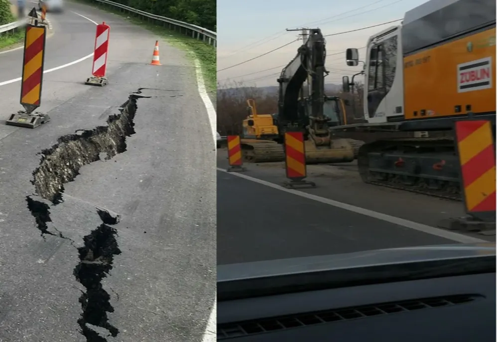 Foto| CNAIR-ul s-a hotărât în sfârșit să repare drumul surpat la Moțăieni (DN 71) din Dâmbovița