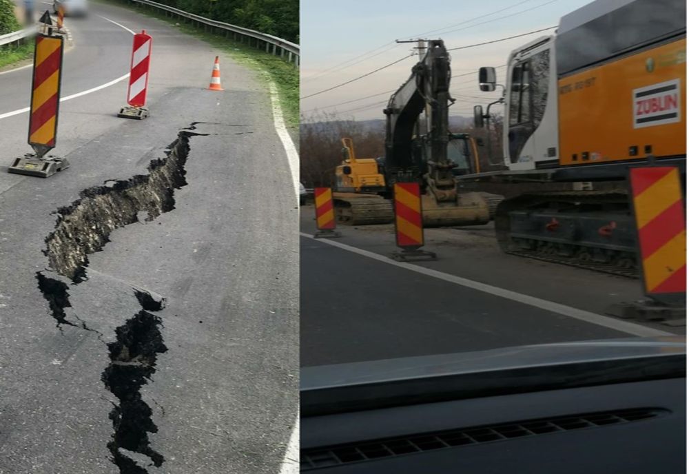 Foto| CNAIR-ul s-a hotărât în sfârșit să repare drumul surpat la Moțăieni (DN 71) din Dâmbovița