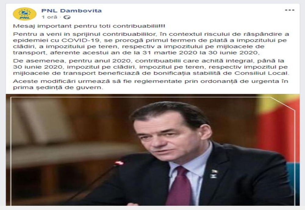 Liberalii anunță prorogarea plății taxelor si impozitelor locale (prima tranșă) până la data de 30 iunie