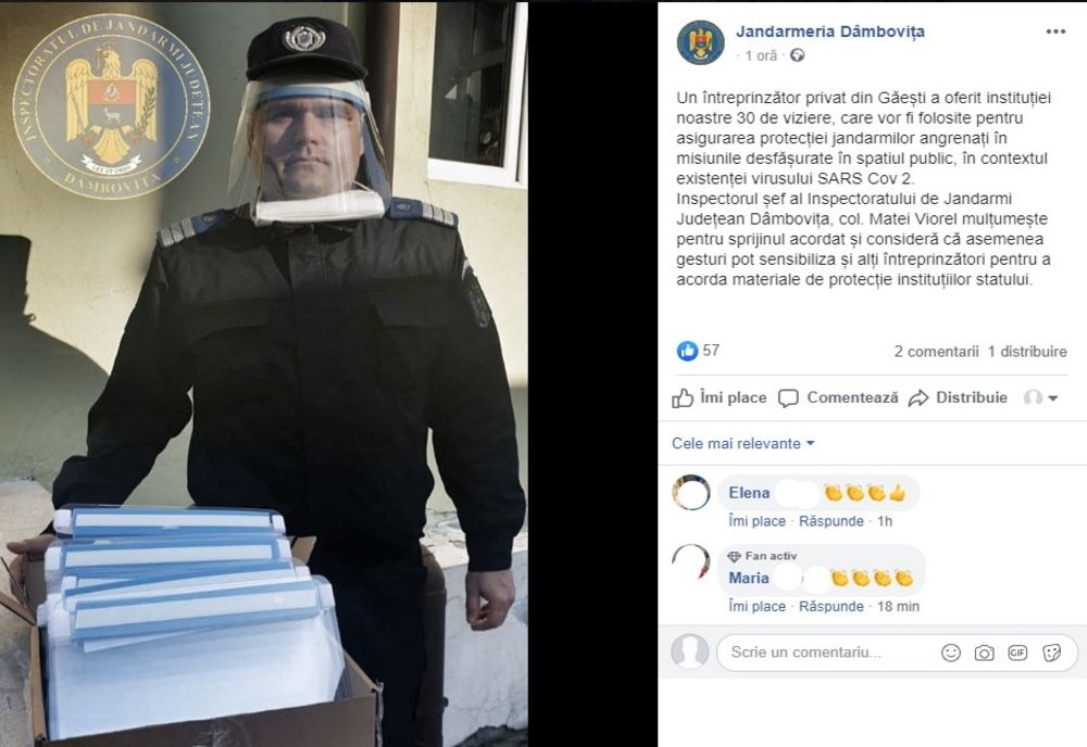Donație de viziere, pentru protecție, la Jandarmeria Dâmbovița