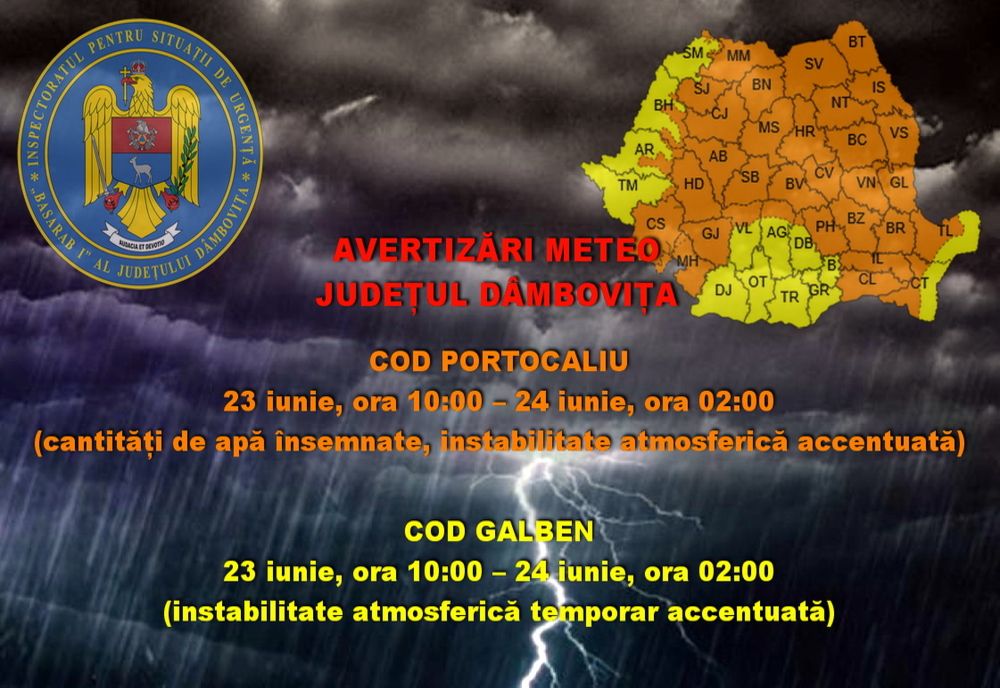 Avertisment de la ISU Dâmbovița! Fenomene meteo periculoase, în județ. Recomandări de la pompieri