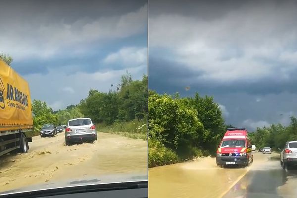 DN 71 sub apă, după o repriză de ploaie torențială