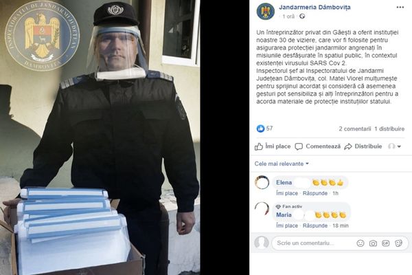 Donație de viziere, pentru protecție împotriva coronaviruslui, la Jandarmeria Dâmbovița