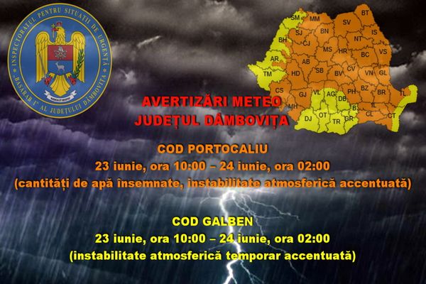 Avertisment de la ISU Dâmbovița! Fenomene meteo periculoase, în județ. Recomandări de la pompieri