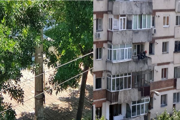 (Video) Pericol iminent! Pompierii chemați să îndepărteze elemente din fațada unui bloc, la Târgoviște