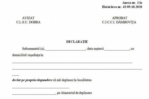 Cum arată declaraţia pe proprie răspundere pentru a intra sau ieşi din Dobra, localitatea carantinată din Dâmbovița