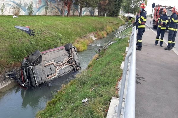 Accident rutier în Târgoviște. Un autoturism s-a răsturnat într-un canal 