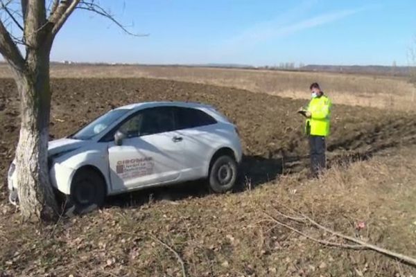 Un şofer de la o firmă de livrări din Dâmbovița a intrat cu mașina într-un copac