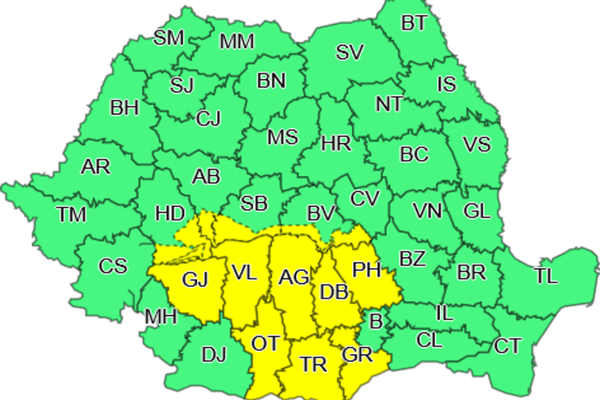 Cod Galben de ploi şi instabilitate atmosferică, valabil pentru mai multe judeţe din Oltenia, Muntenia şi o parte din Transilvania