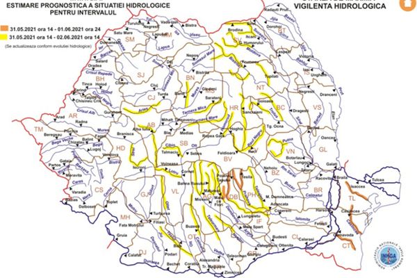 Cod portocaliu de inundații, în Prahova, Dâmbovița și Argeș, valabil de luni după-amiază 