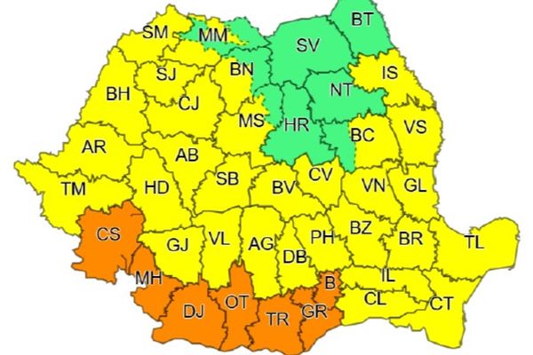 Cod Galben și portocaliu de caniculă și precipitații însoțite de descărcări electrice, până la 31 iulie, în mai multe județe