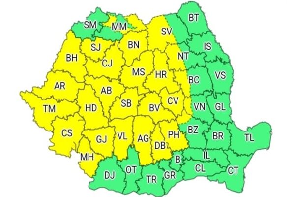 Avertizare meteo! Cod galben de furtuni, în 26 de județe