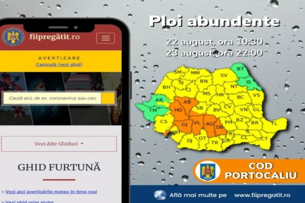 IGSU: Cod galben şi cod portocaliu de averse torențiale