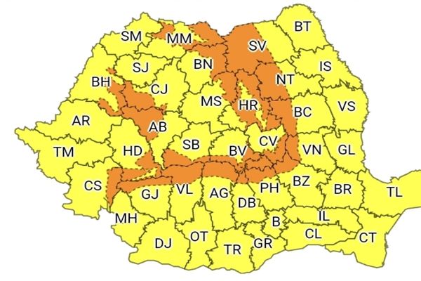 Noi alerte meteo emise astăzi de ANM. COD PORTOCALIU în zona montană! COD GALBEN în restul țării