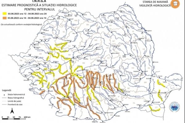 Cod portocaliu de viituri pe râuri din 12 judeţe, până duminică la prânz. Sunt vizate bazine hidrografice din Caraş Severin, Mehedinţi, Dolj, Hunedoara, Gorj, Vâlcea, Argeş, Olt, Teleorman, Dâmboviţa, Prahova şi Ilfov