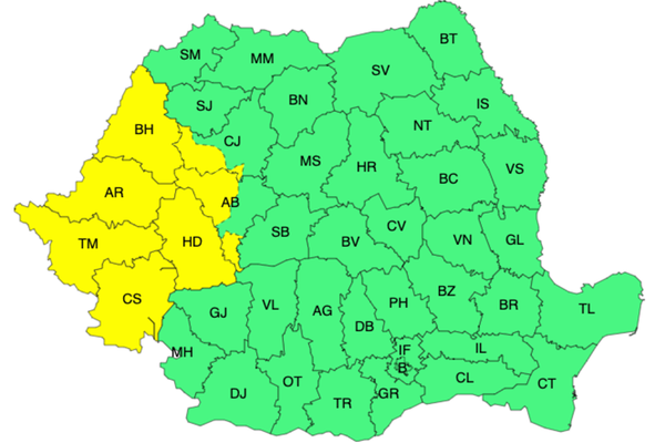 ANM: COD GALBEN DE INSTABILITATE ATMOSFERICĂ ÎN ȘAPTE JUDEȚE 